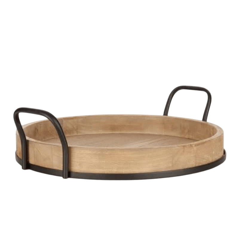 WOOD & IRON ROUND SERVING TRAY (NATURAL & BLACK)